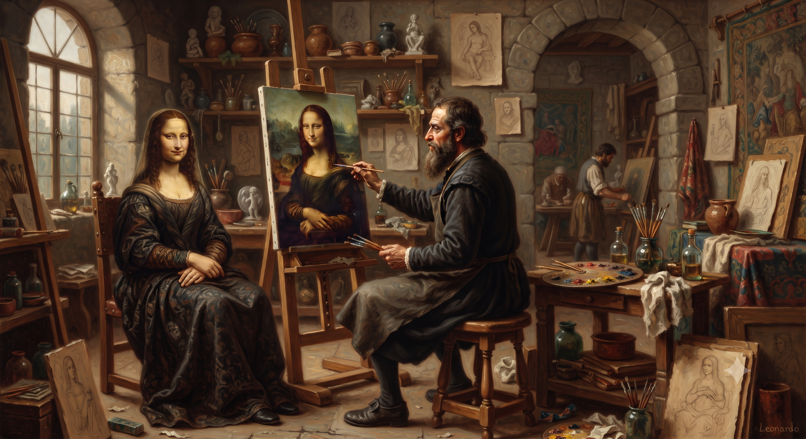 A reimagined encounter between Leonardo da Vinci and the Mona Lisa