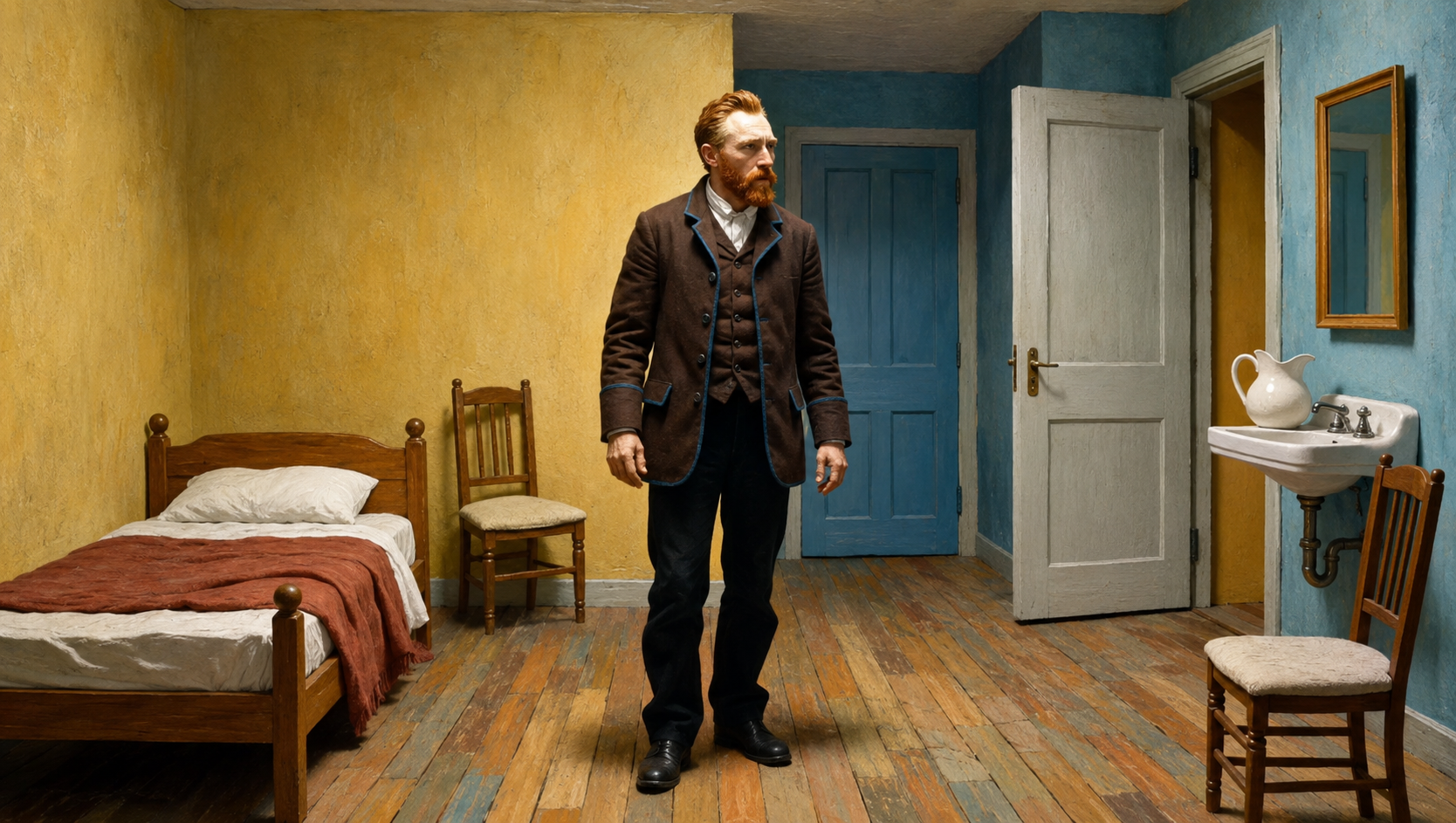 Digital interpretation of Vincent van Gogh standing in his bedroom in Arles